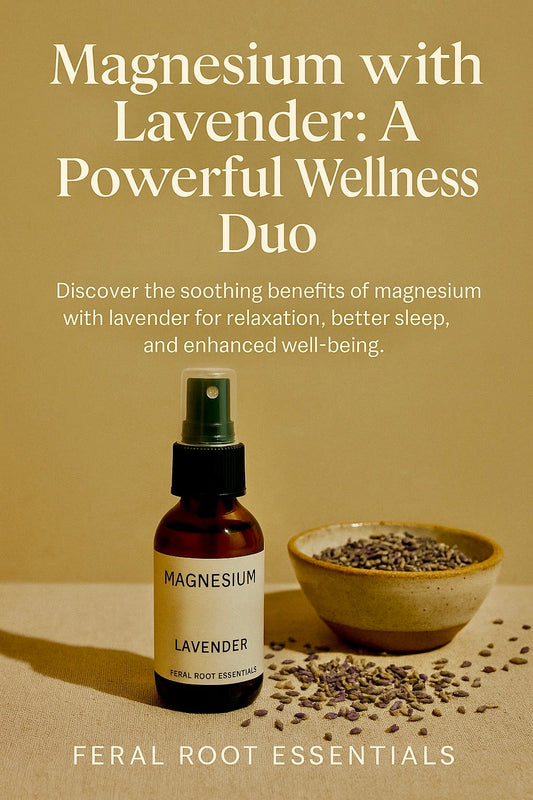 Poster with the words, magnesium with lavender; a powerful wellness duo, and a picture of magnesium spray in an Amber bottle with a bowl of lavender next to it