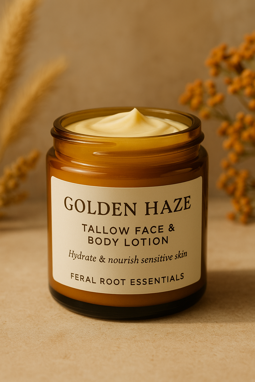 Amber glass jar of Golden Haze Tallow Face & Body Lotion by Feral Root Essentials, filled with creamy lotion, set on a beige surface with dried florals in the background.