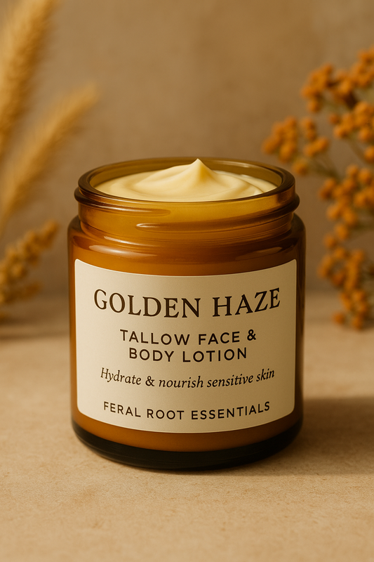 Amber glass jar of Golden Haze Tallow Face & Body Lotion by Feral Root Essentials, filled with creamy lotion, set on a beige surface with dried florals in the background.