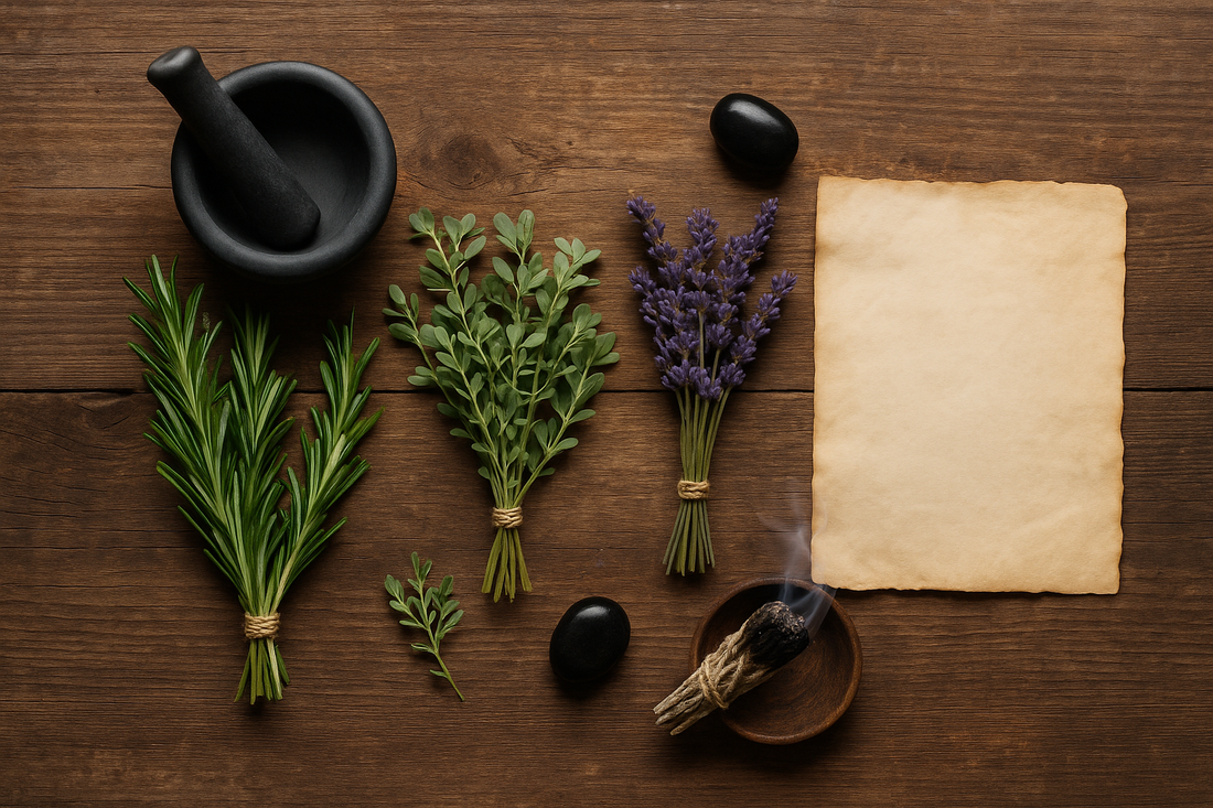 Flat lay of rosemary, rue, and lavender bundles with a mortar and pestle, smudge stick, black stone, and parchment on a rustic wooden surface, used for spiritual protection rituals.