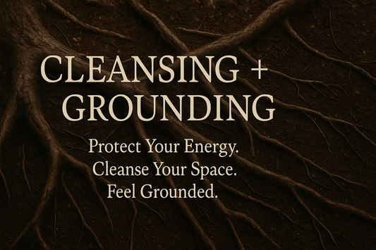 Intertwined tree roots spreading across dark forest soil with overlay text that reads “Cleansing + Grounding – Protect Your Energy. Cleanse Your Space. Feel Grounded.
