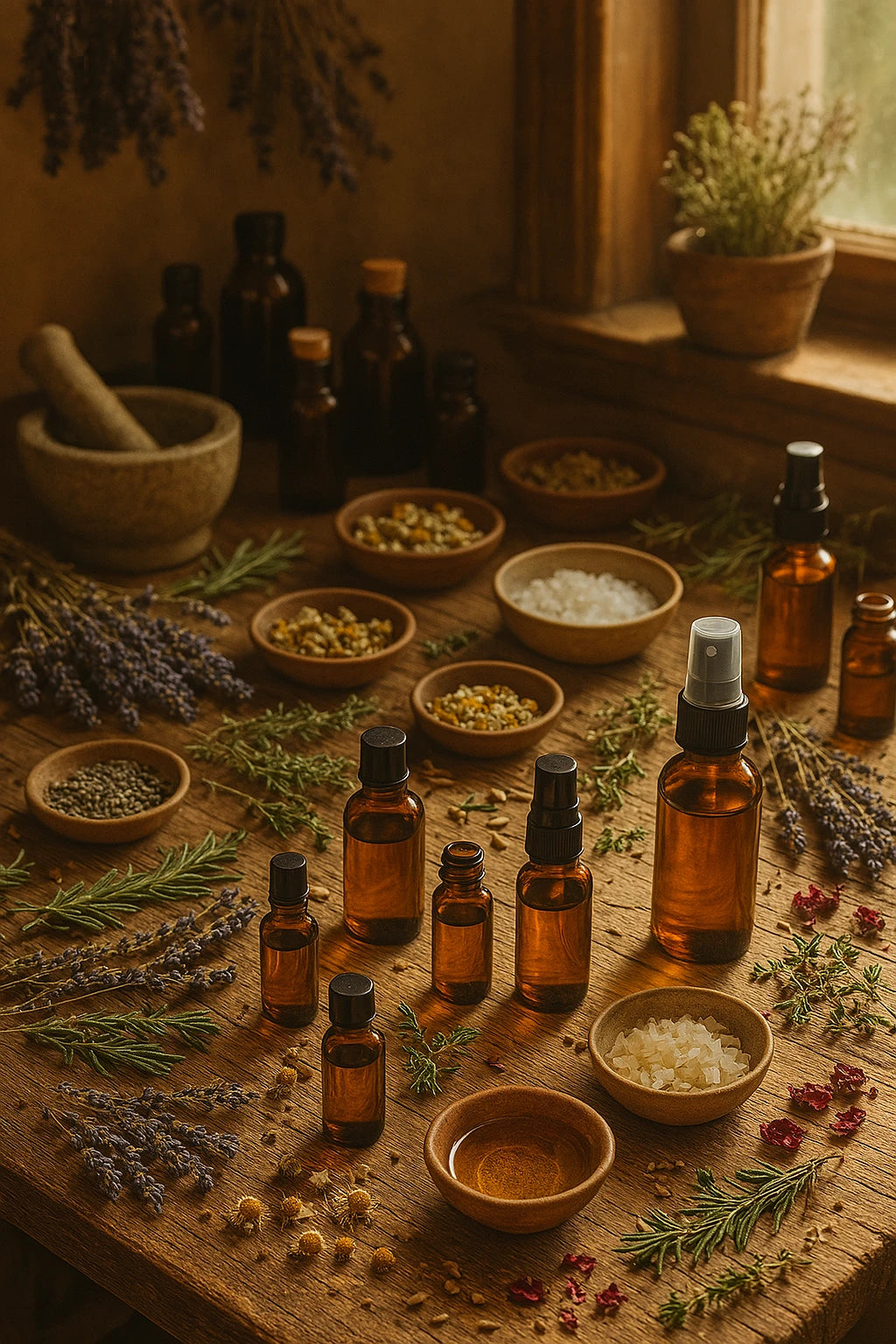 Herbal oils and serums in amber bottles – skin and energy support