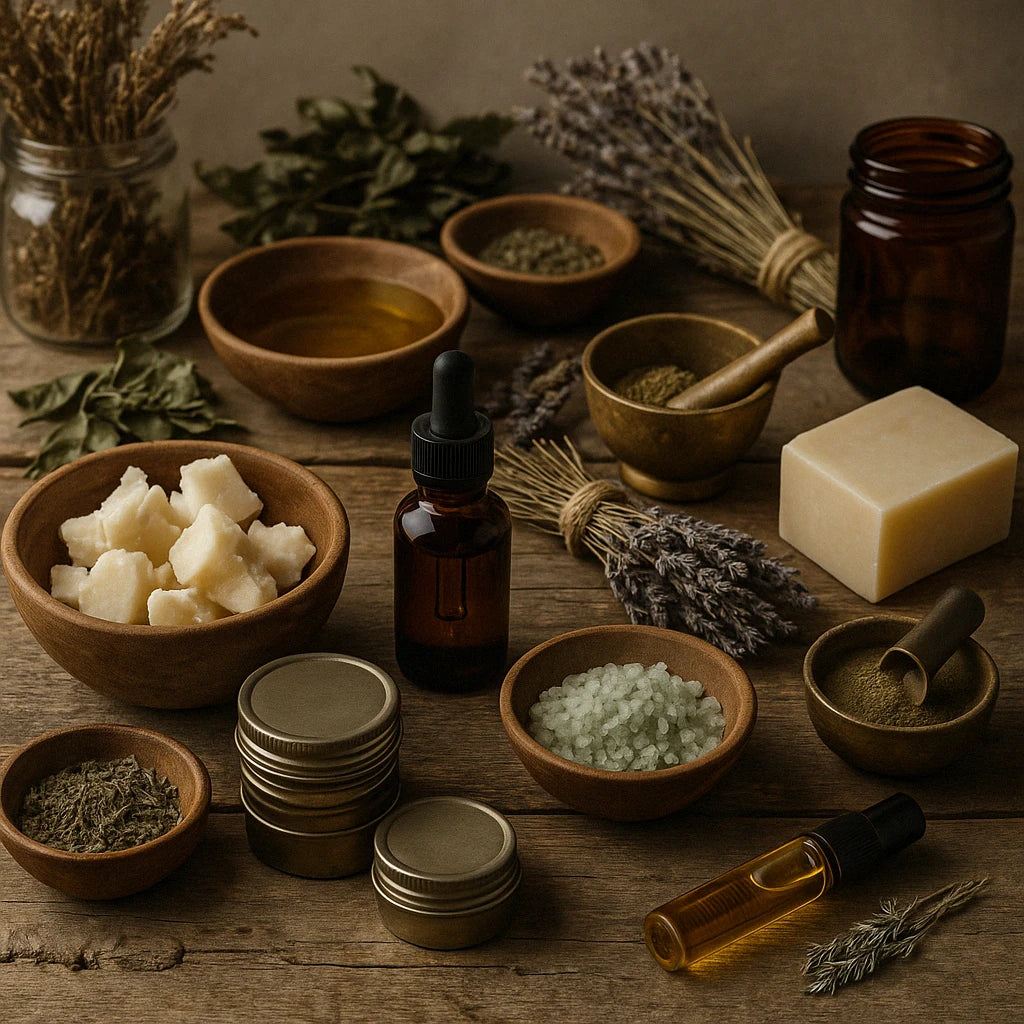 A handcrafted workstation filled with raw materials, herbs, oils, tallow chunks, and spiritual tools arranged for holistic bundle-making and ritual crafting.