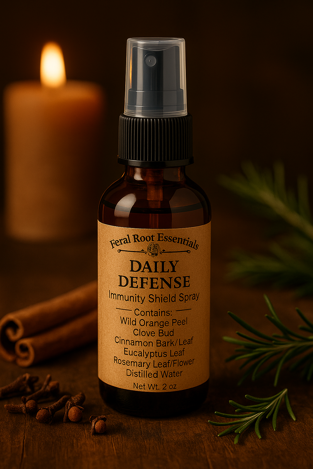 Feral Root Essentials Daily Defense Immunity Shield Spray – 2oz amber apothecary bottle surrounded by cinnamon sticks, cloves, rosemary, and a burning candle, symbolizing natural immune protection.