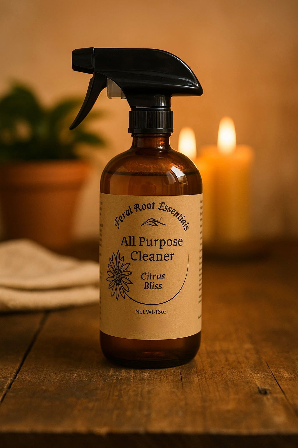 Amber bottle of Feral Root Essentials All Purpose Cleaner – Citrus Bliss scent, 16oz natural plant-based spray with essential oils
