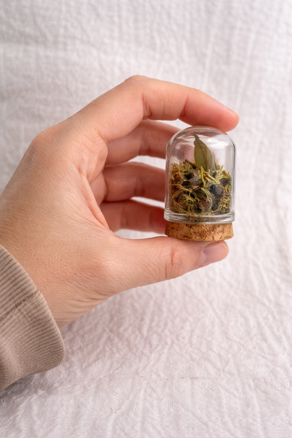 Hand holding a small glass container with dried herbs against a white background