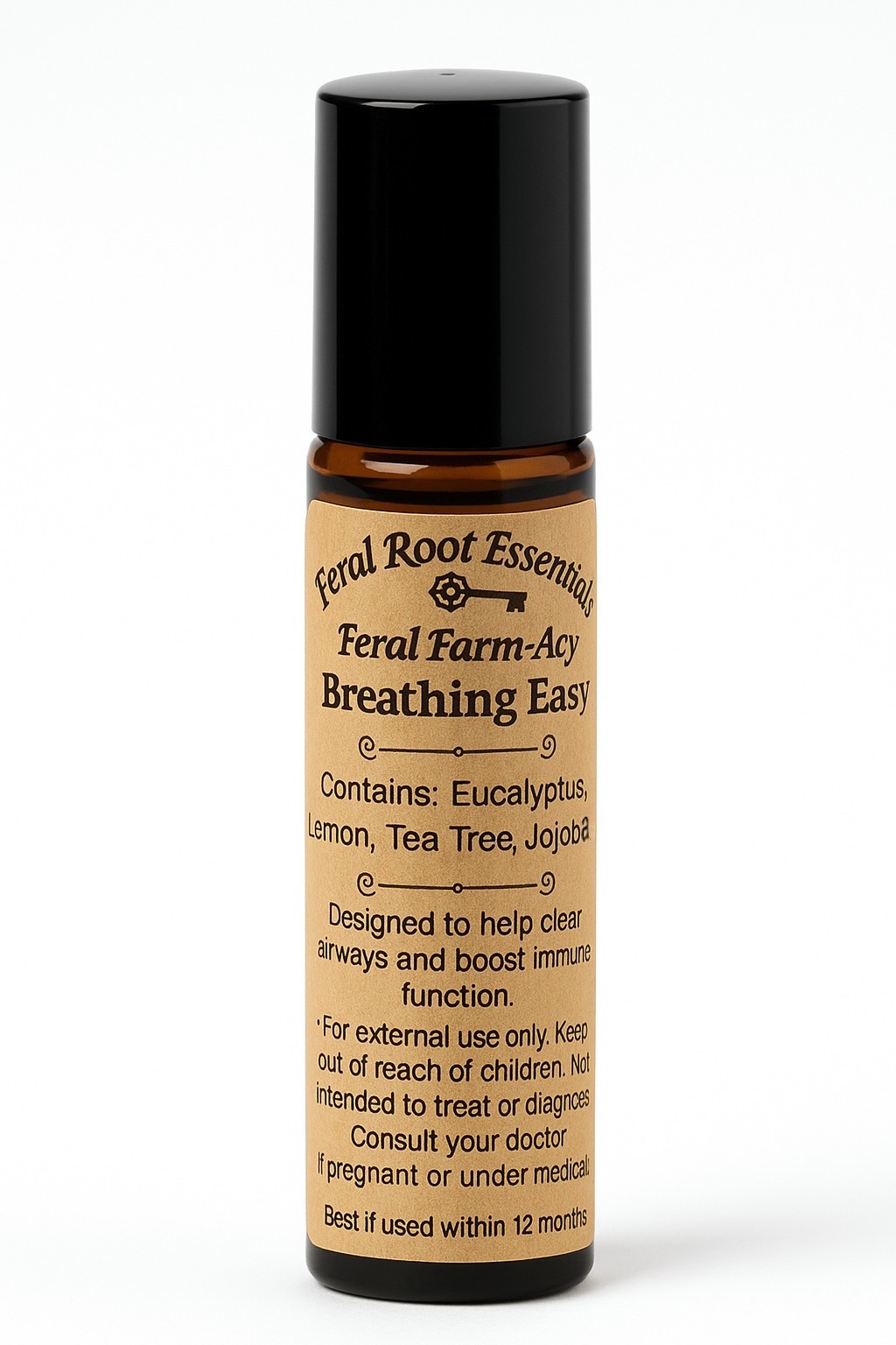Feral Root Essentials Feral Farm-Acy Breathing Easy aromatherapy roll-on bottle on a white background.