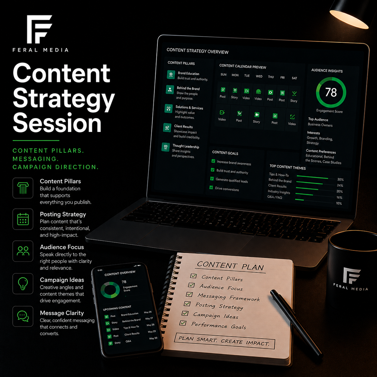 Feral Media Content Strategy Session service image showing content planning dashboard, content calendar, audience insights, and digital strategy workspace