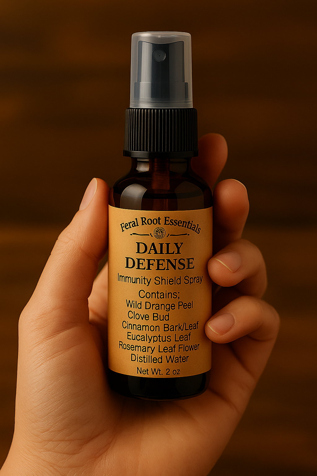 Hand holding Feral Root Essentials Daily Defense Immunity Shield Spray – 2oz amber bottle with tan apothecary label listing natural ingredients like orange peel, clove, cinnamon, eucalyptus, and rosemary.