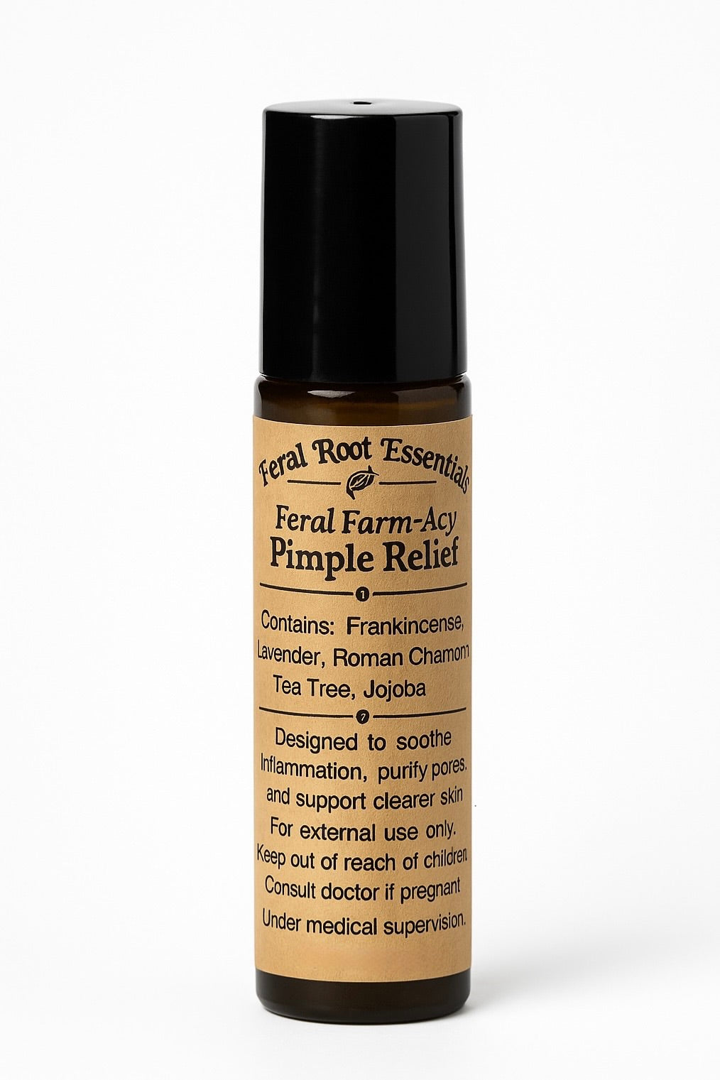 Pimple Relief Clarifying Spot Support Roller by Feral Root Essentials – botanical essential oil roller for blemish and pimple care on a white background