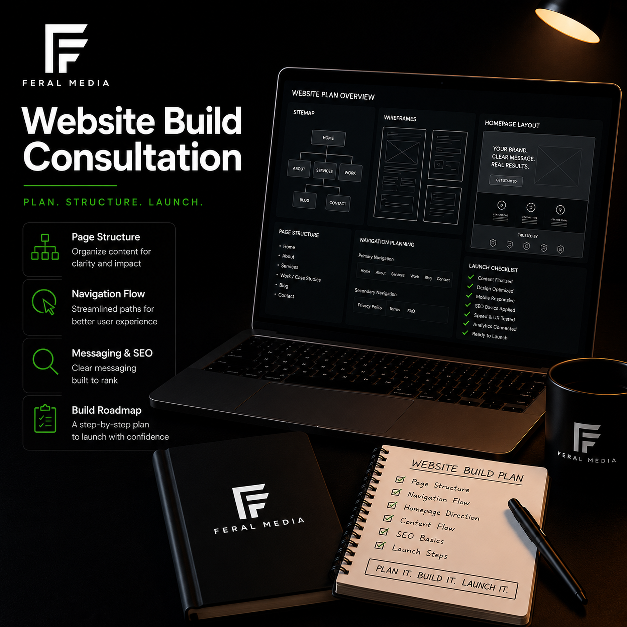 Feral Media website design consultation graphic showing a laptop workspace with web layout planning, branding materials, and digital strategy elements for small business website development.