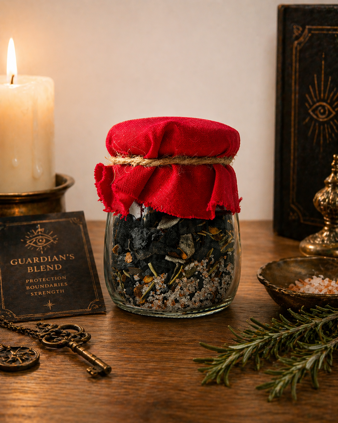 Glass jar with red cloth lid on a wooden surface with a candle and books in the background