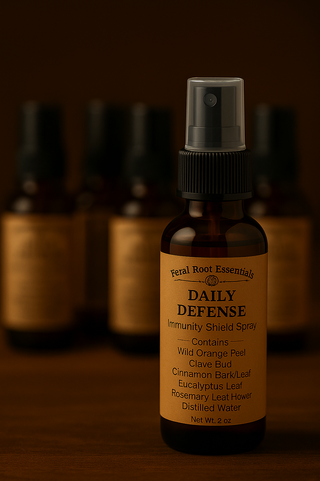Feral Root Essentials Daily Defense Immunity Shield Spray – 2oz amber bottle displayed with multiple bottles in background, tan apothecary label with natural ingredients for immune support.
