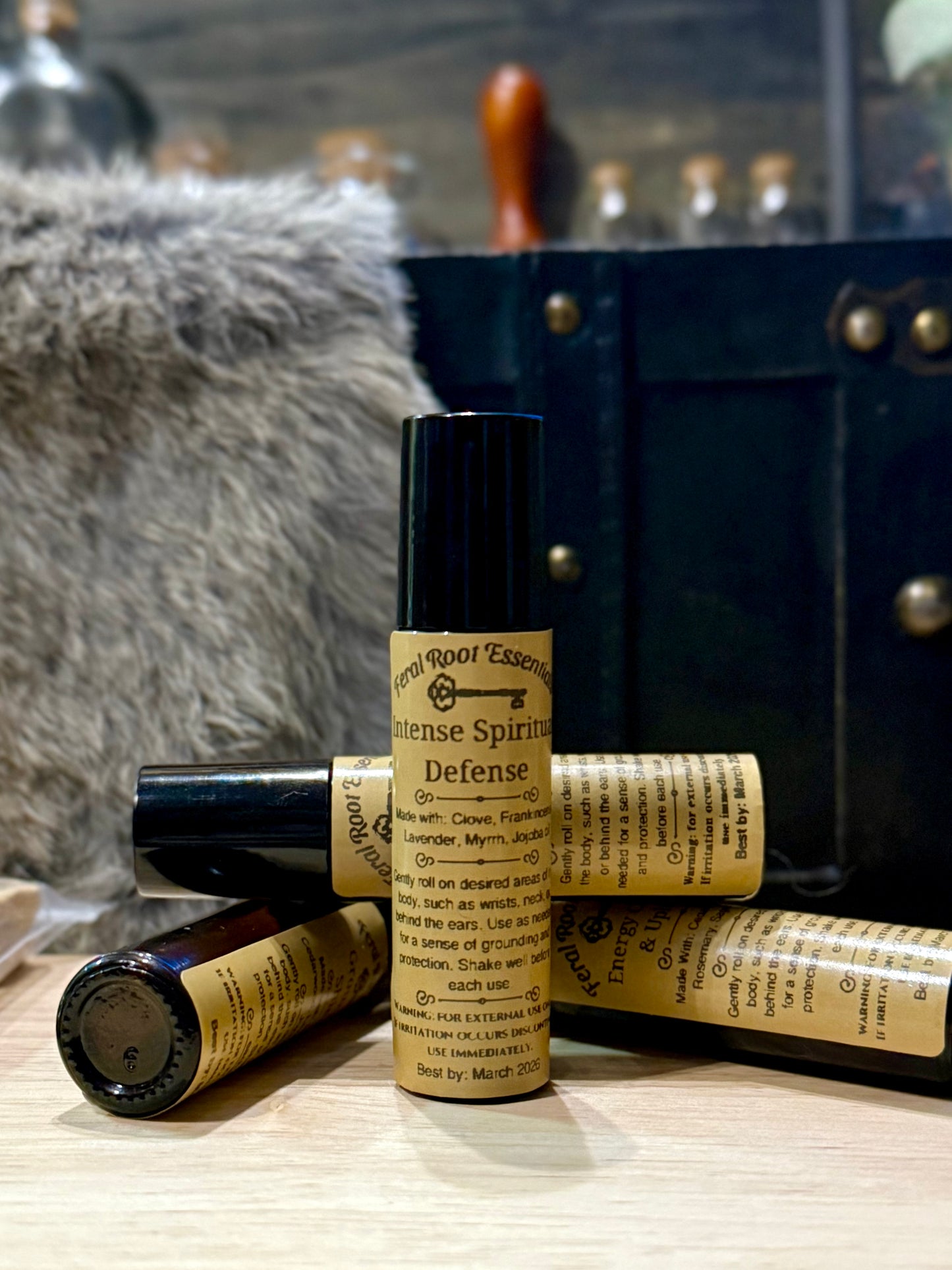Intense Spiritual Defense oil roller with clove, frankincense, lavender, and myrrh – high protection blend by Feral Root Essentials