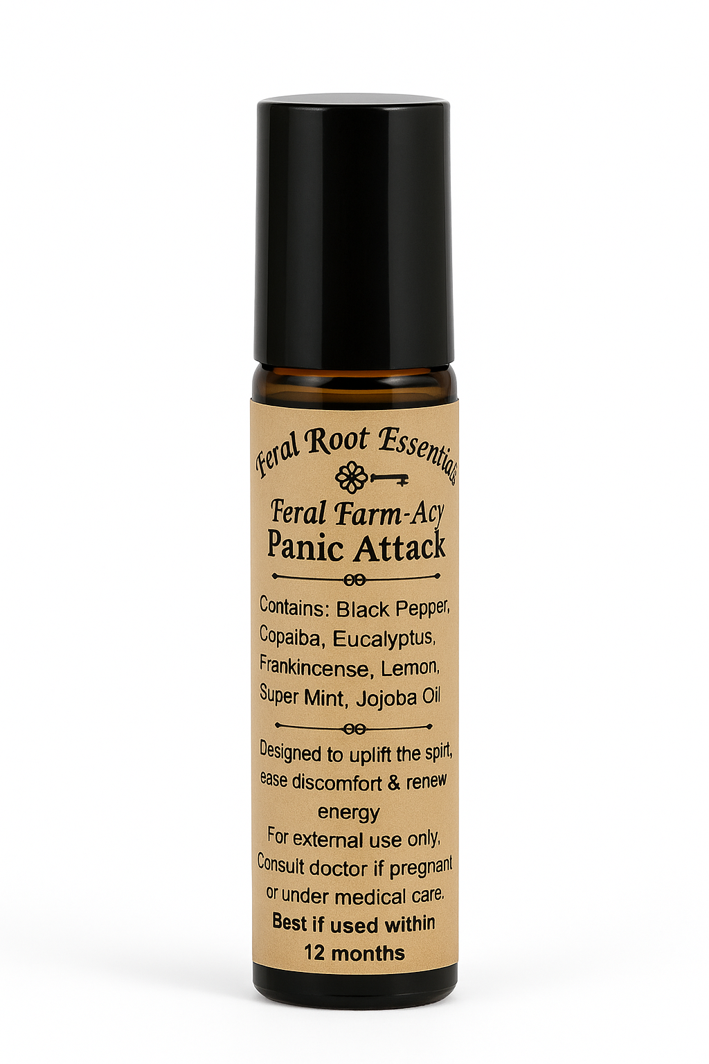 Feral Root Essentials Feral Farm-Acy Panic Attack aromatherapy roll-on bottle on a white background.