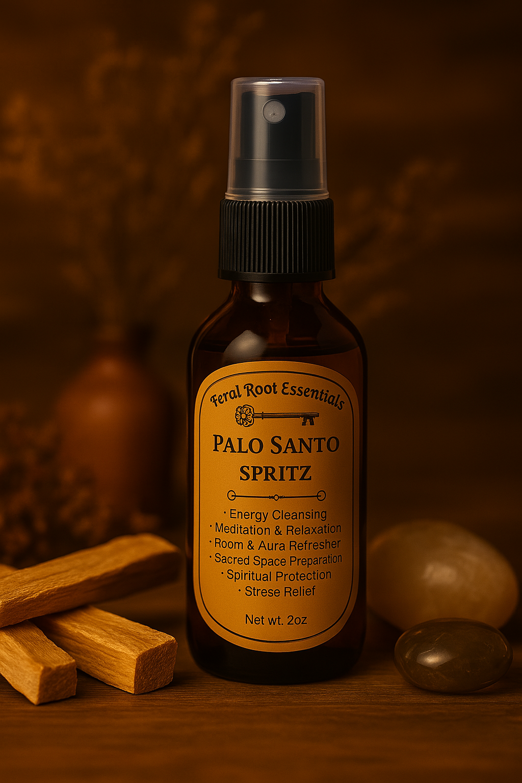 Palo Santo energy cleansing spritz in amber glass bottle – spiritual room spray by Feral Root Essentials