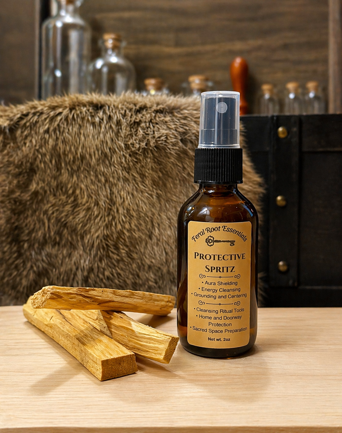 Bottle of 'Protective Spritz' with Palo Santo sticks on a wooden surface