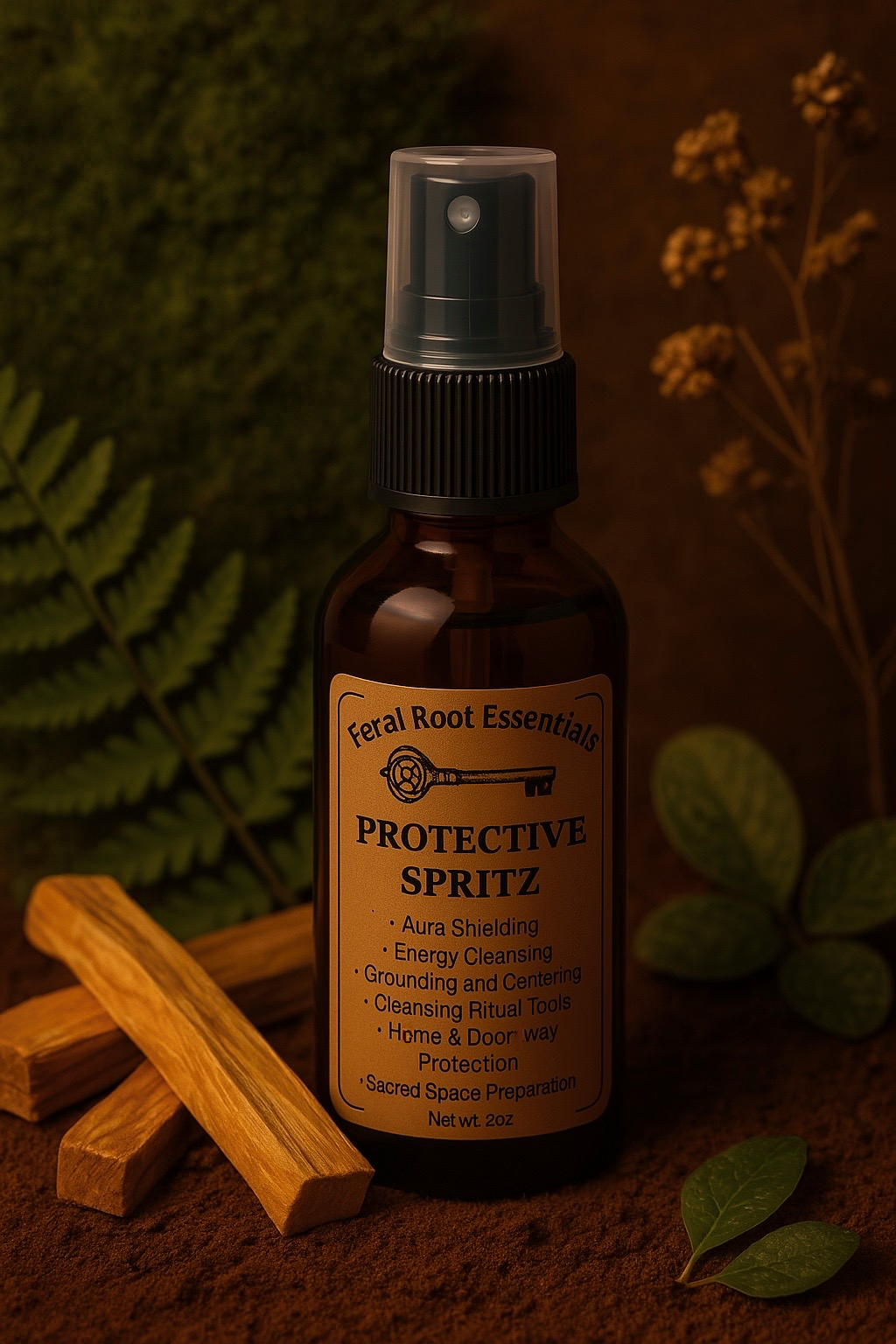 Protective Spritz in amber glass bottle – aura shielding and energy cleansing spray by Feral Root Essentials