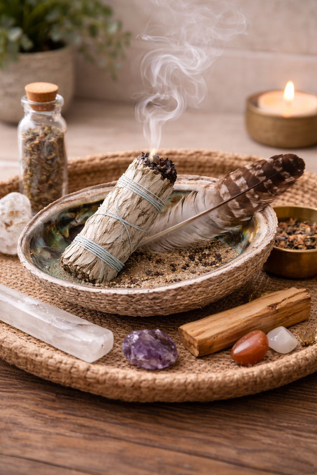 Smudging ceremony setup with sage, feather, and crystals on a woven tray.