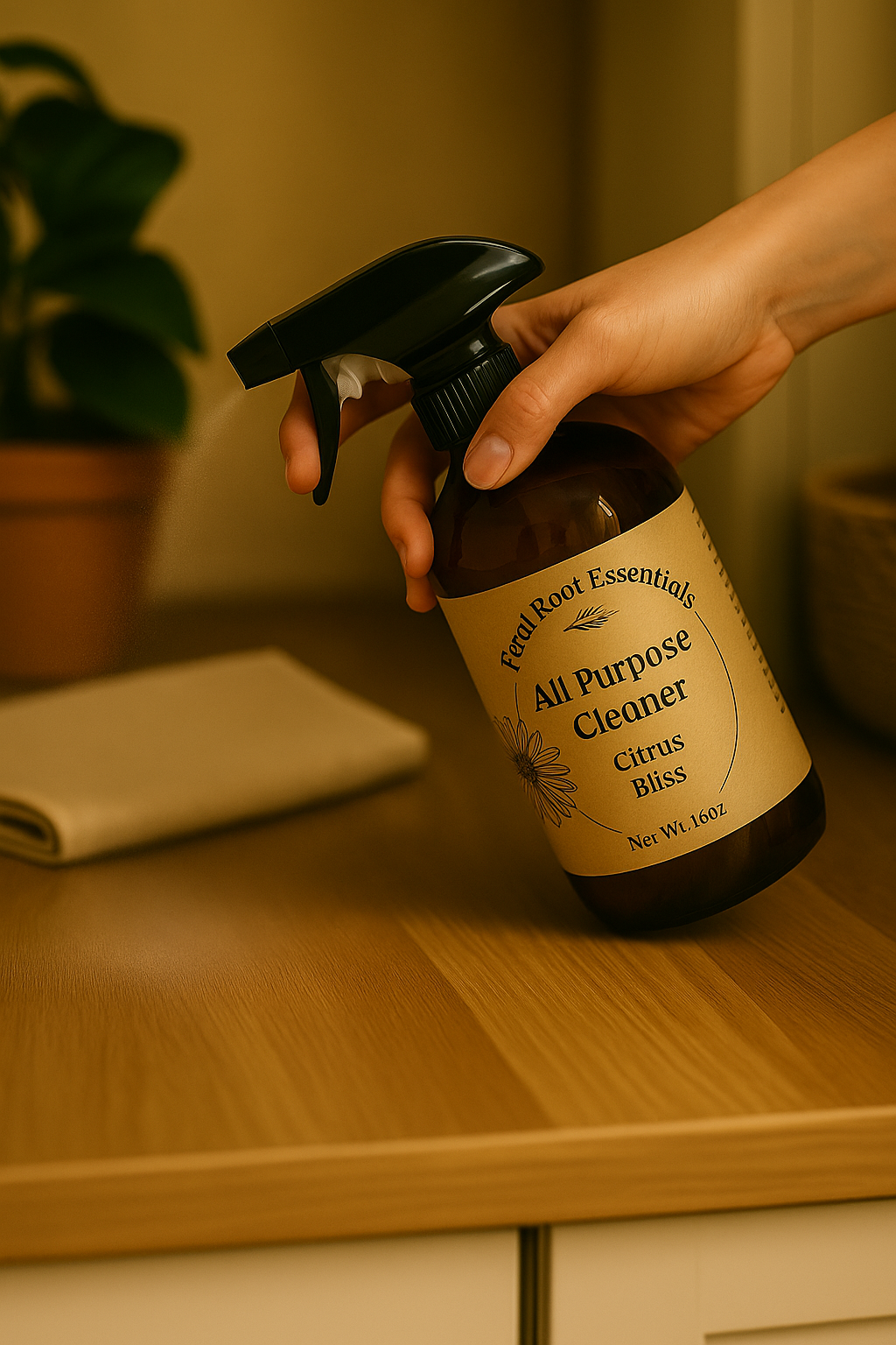 Feral Root Essentials Citrus Bliss cleaner on a bright bathroom shelf with folded towel and mirror