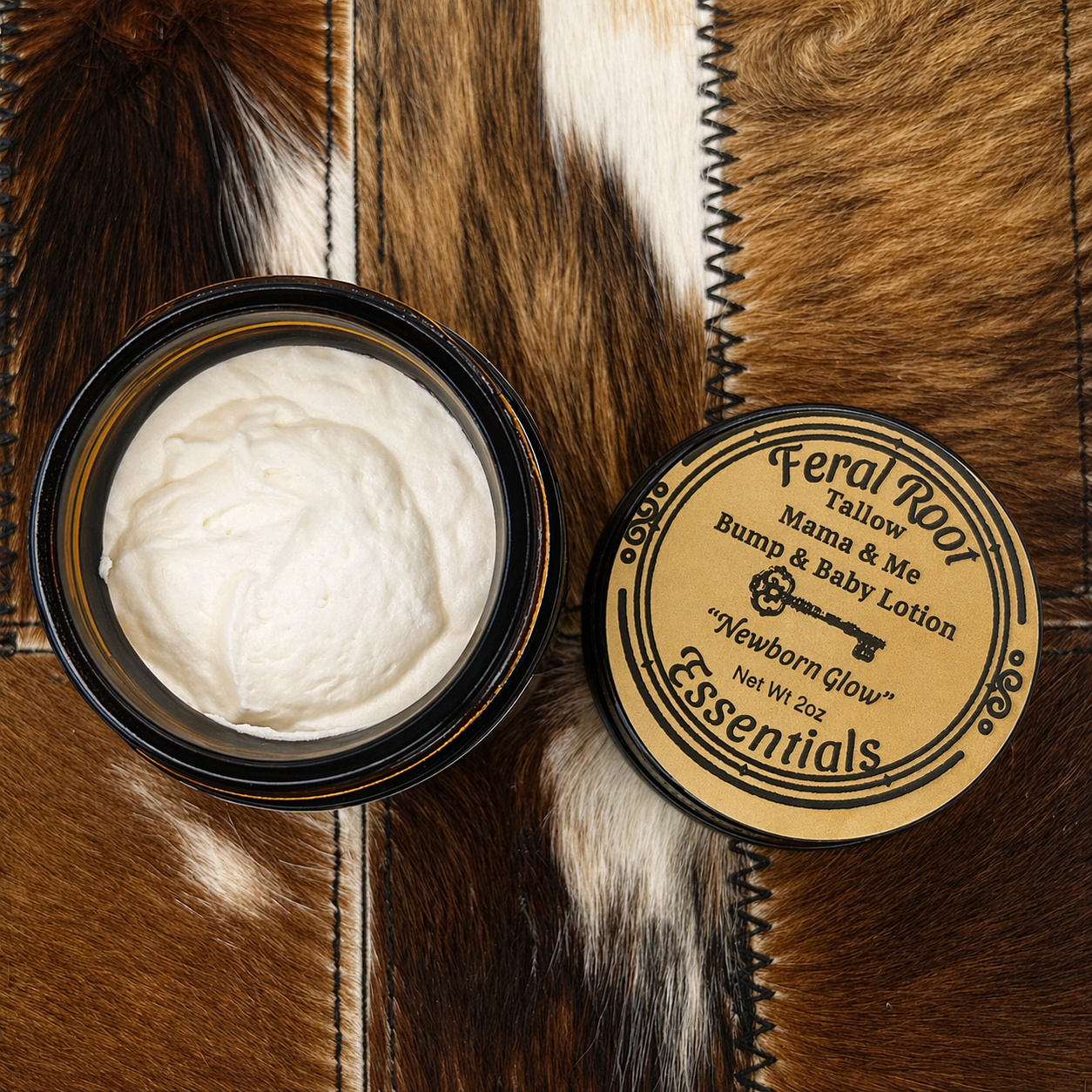 Feral Root Essentials tallow Mama & Me baby lotion jar on a fur background