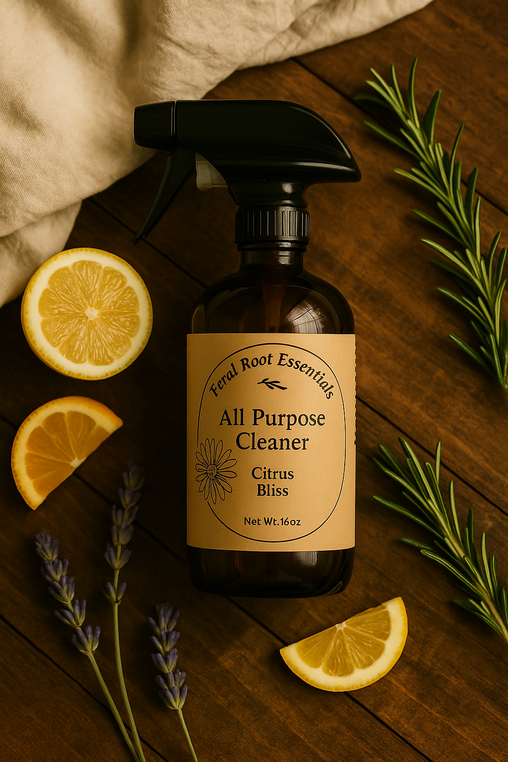 Feral Root Essentials Citrus Bliss spray cleaner surrounded by fresh citrus slices and green herbs