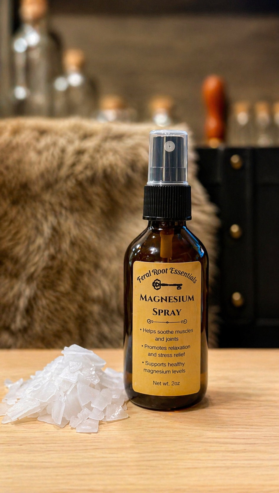 Bottle of magnesium spray with a label on a wooden surface, with a blurred background.