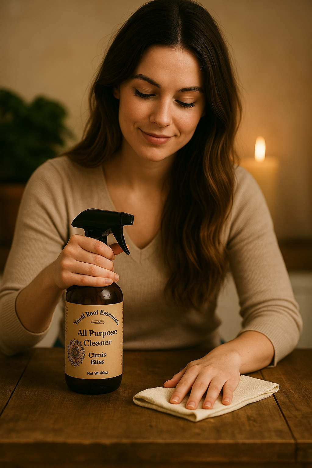 Young woman with long wavy hair holding Feral Root Essentials Citrus Bliss spray cleaner and smiling in a clean home setting
