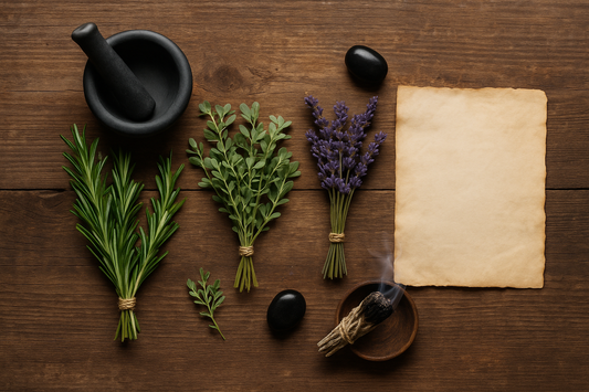 Flat lay of rosemary, rue, and lavender bundles with a mortar and pestle, smudge stick, black stone, and parchment on a rustic wooden surface, used for spiritual protection rituals.