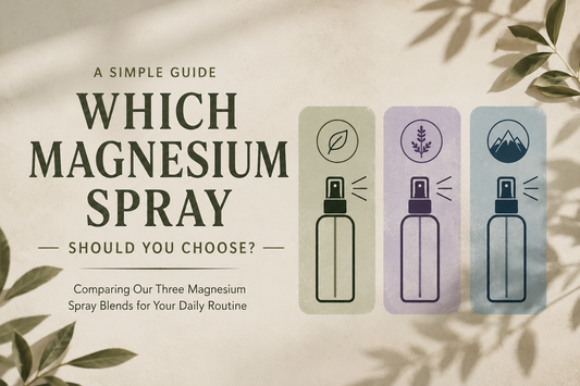 Magnesium spray comparison guide with three illustrated spray bottles on a natural beige background