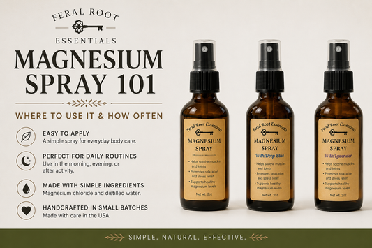 Feral Root Essentials Magnesium Spray 101 blog image featuring original, Deep Blue, and lavender topical magnesium spray bottles