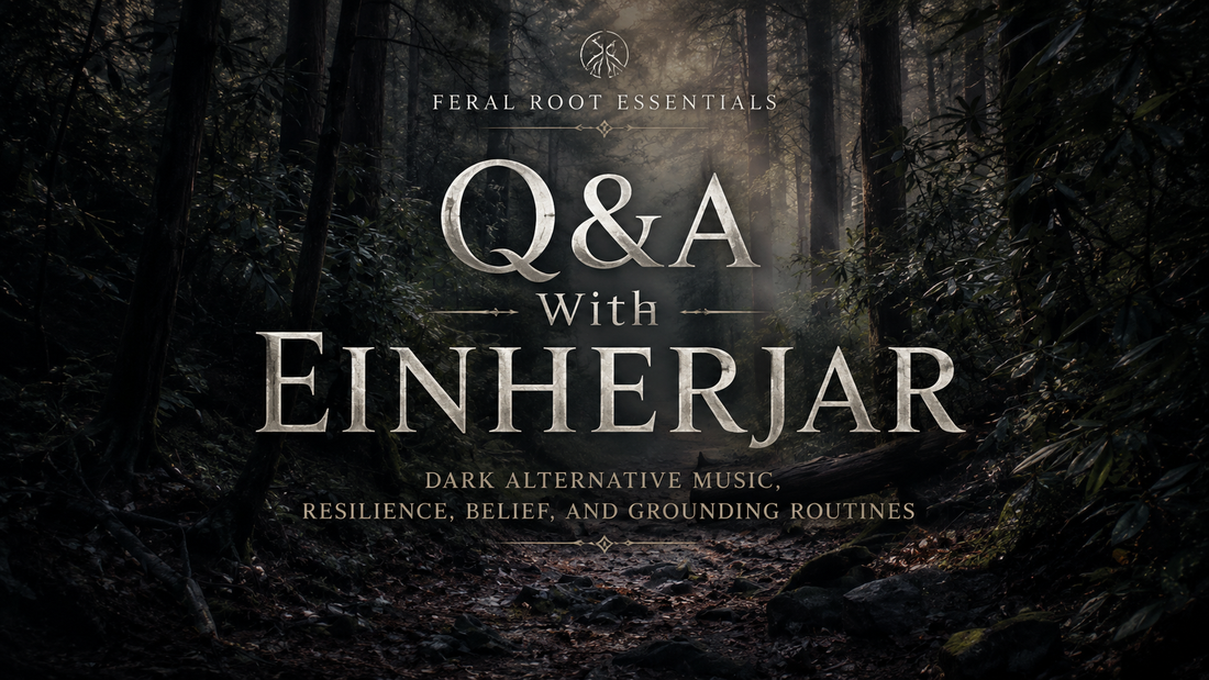Dark misty forest cover image for a Feral Root Essentials Q&A with Einherjar about dark alternative music, resilience, belief, and grounding routines.