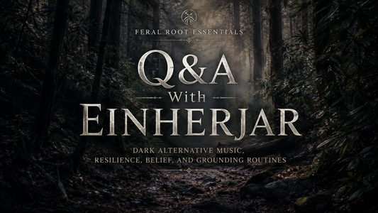 Dark misty forest cover image for a Feral Root Essentials Q&A with Einherjar about dark alternative music, resilience, belief, and grounding routines.