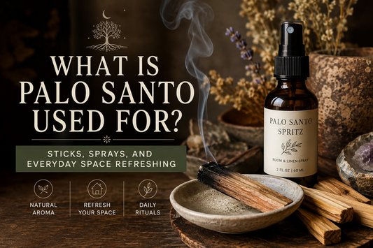 Palo santo sticks and palo santo spritz bottle arranged on a rustic table with smoke, dried flowers, and text reading what is palo santo used for.