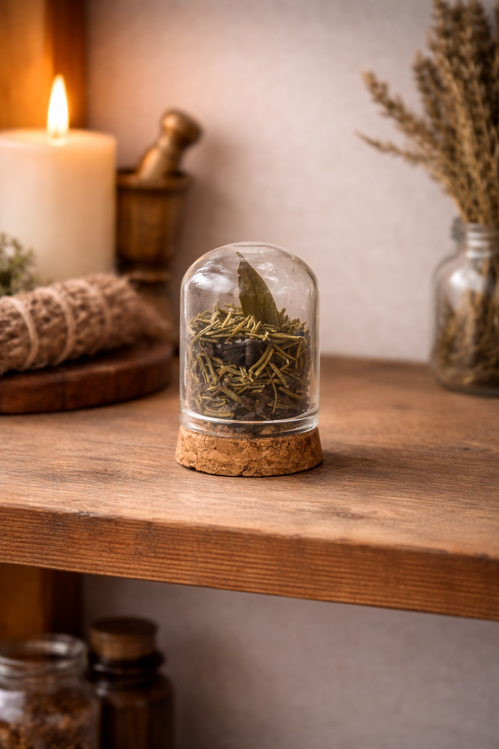 Small glass terrarium with dried herbs on a wooden surface, surrounded by candles and jars.