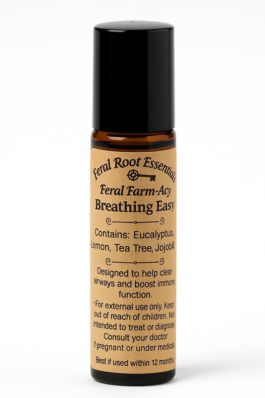 Feral Root Essentials Feral Farm-Acy Breathing Easy aromatherapy roll-on bottle on a white background.