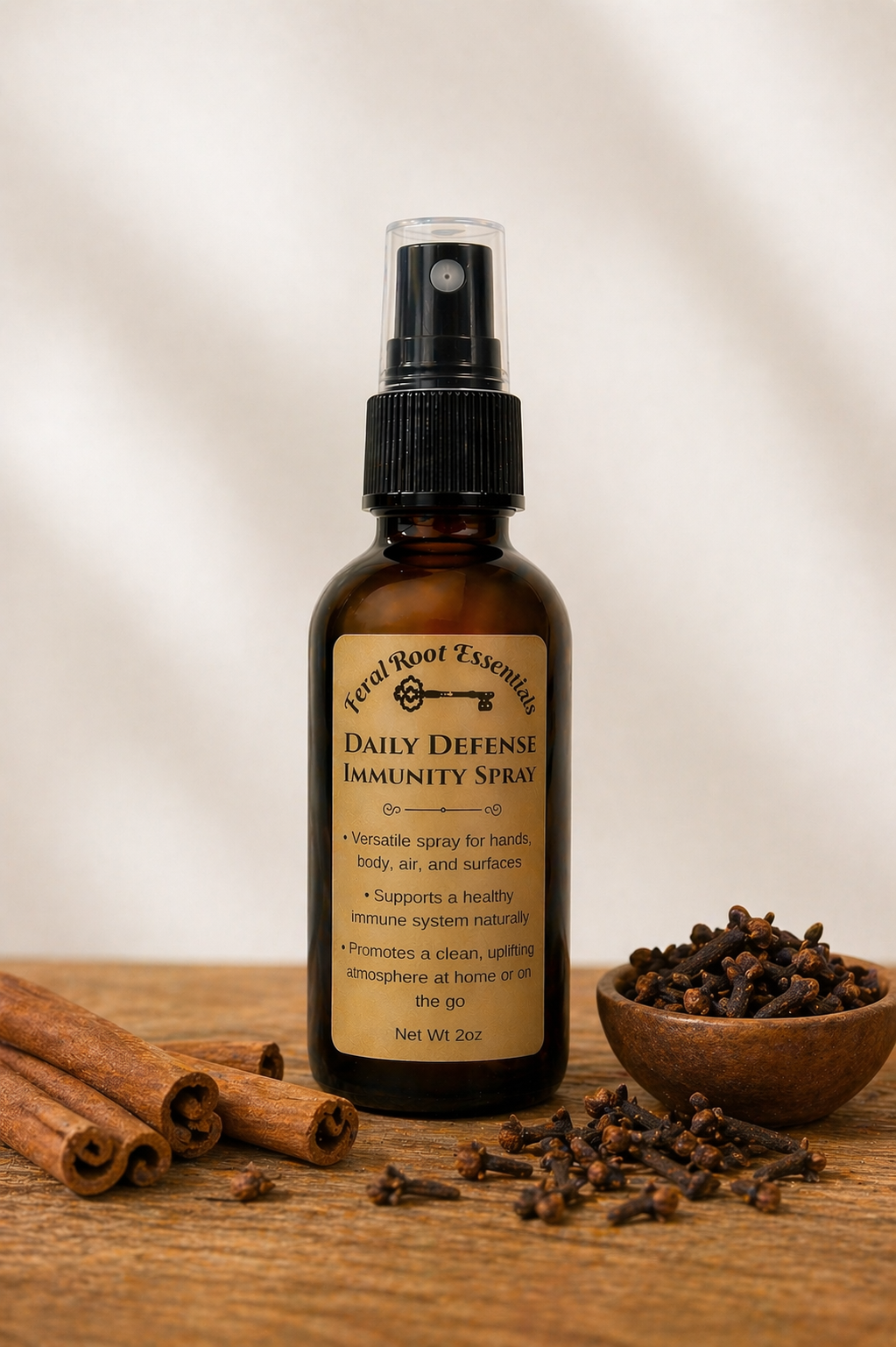 Bottle of 'Daily Defense Immunity Spray' with cinnamon sticks and a bowl of spices on a wooden surface.