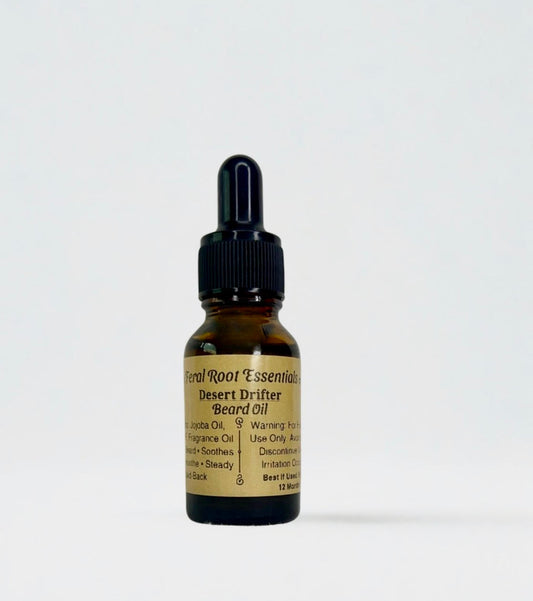 Bottle of Desert Drifter Beard Oil by Feral Root Essentials on a white background