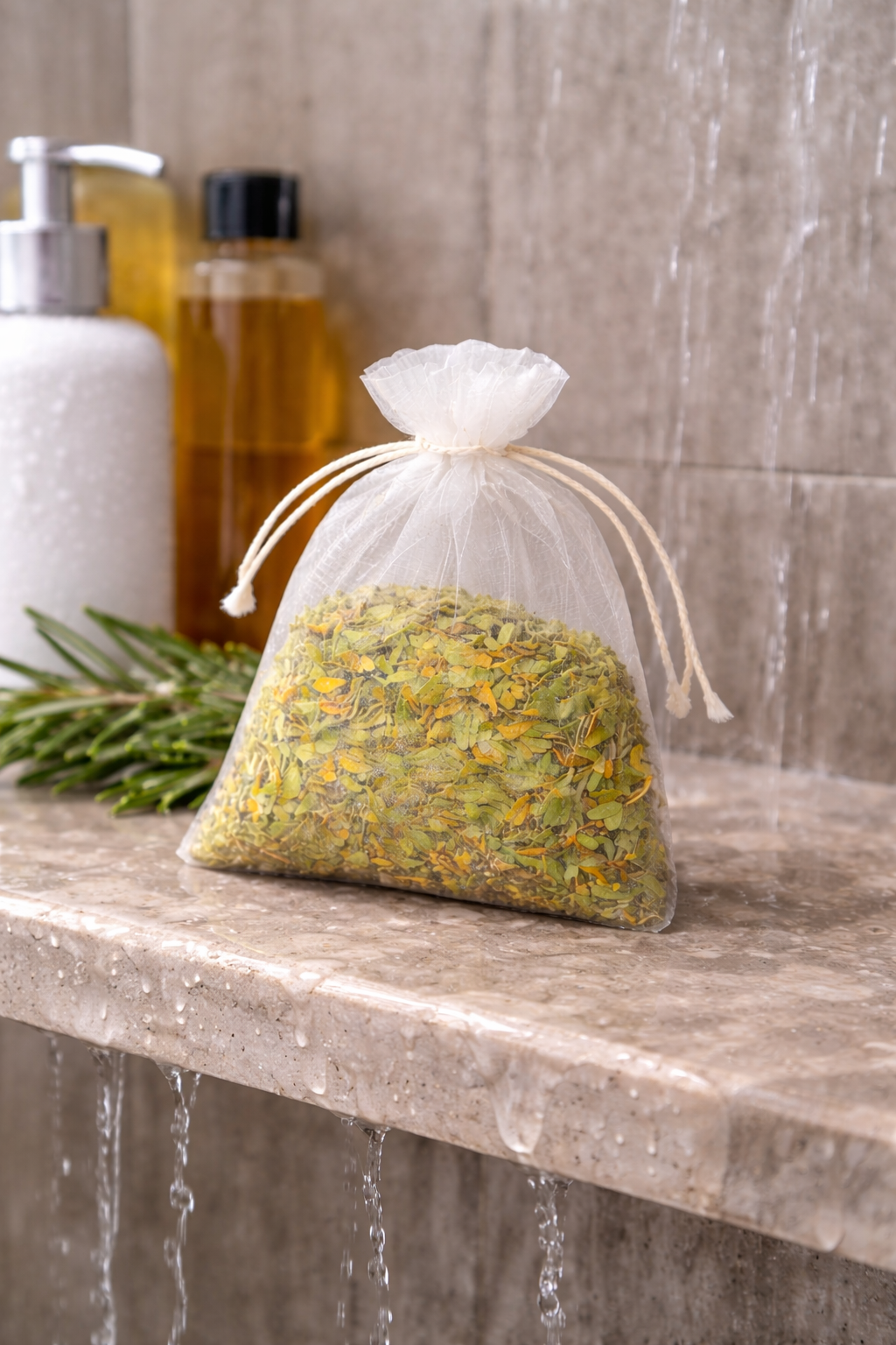 Bag of dried herbs on a stone surface with a shower in the background