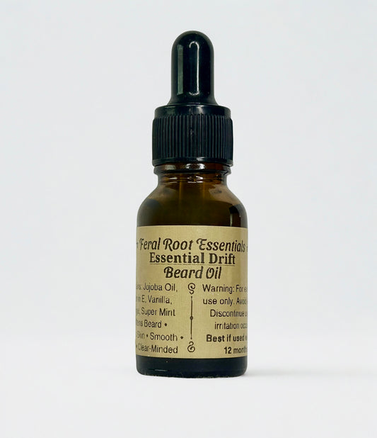 Bottle of Feral Root Essentials Essential Drift Beard Oil on a white background