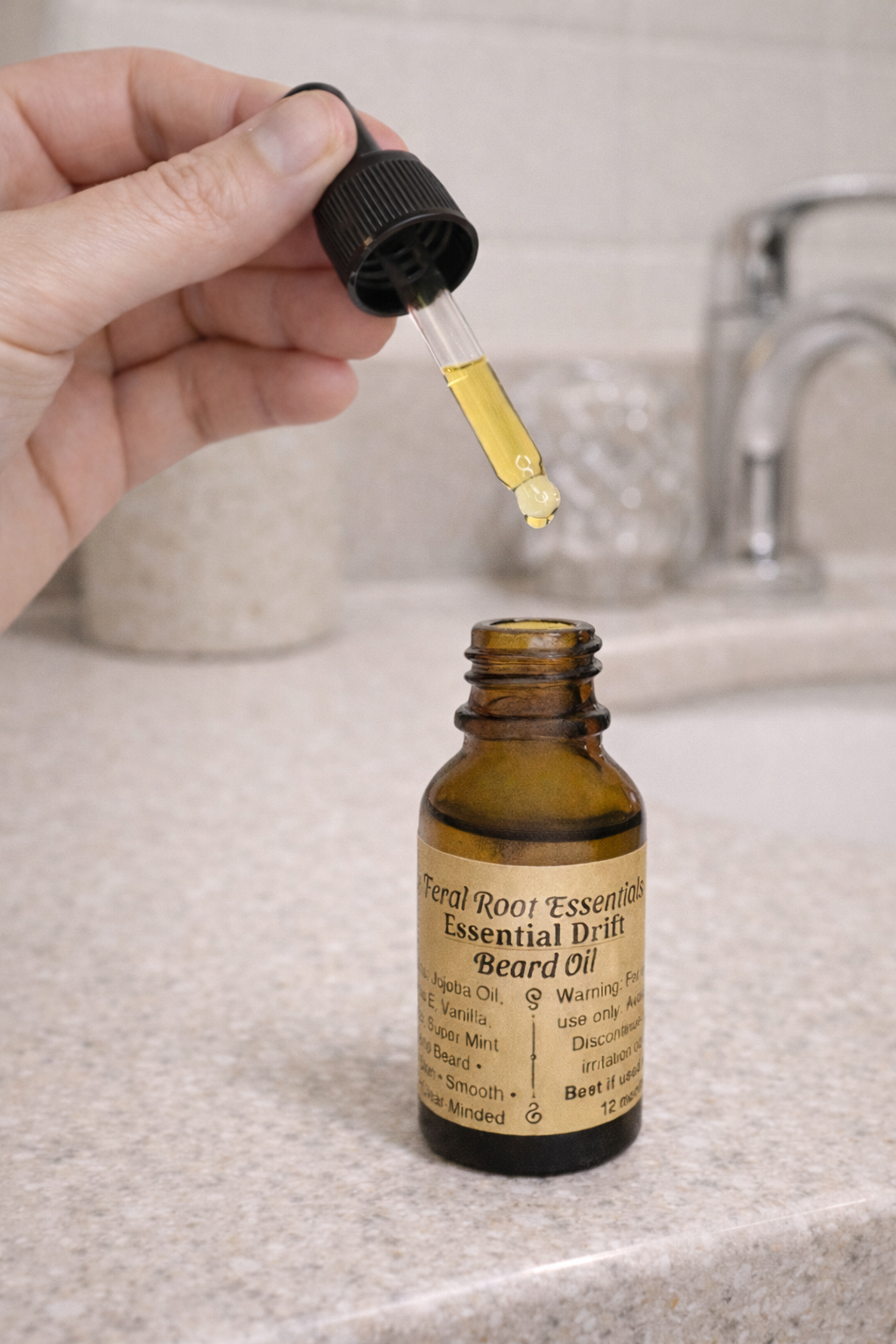 Hand holding a dropper over a bottle of Feral root essential oil with a bathroom background.