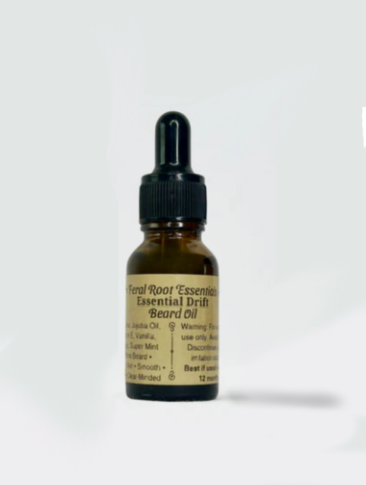 Bottle of Feral Root Essentials Essential Drift Beard Oil on a white background