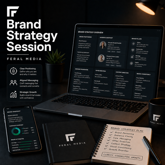 Feral Media Brand Strategy Session service image showing brand strategy dashboard, audience insights, positioning notes, and digital workspace