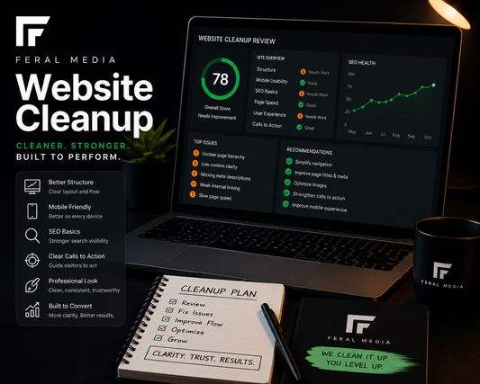 Feral Media Website Cleanup service image showing website review dashboard, cleanup plan notebook, and digital strategy workspace