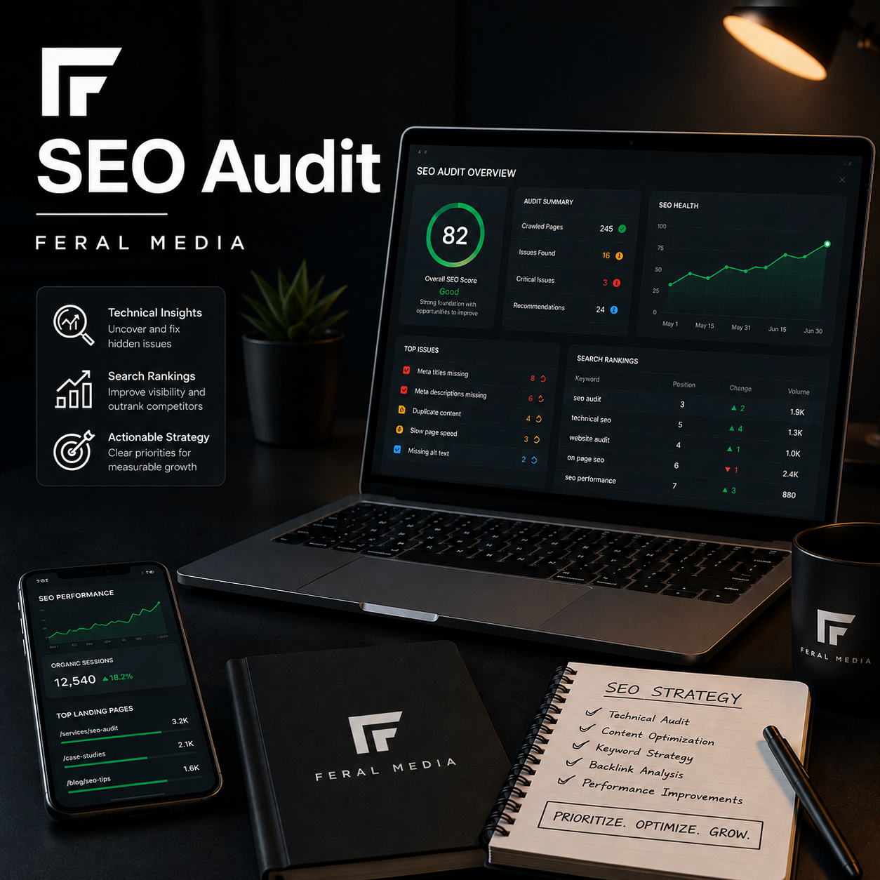 SEO Audit service image showing Feral Media dashboard and website analytics workspace