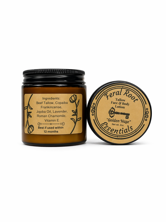 Jar of Feral Root Essentials face and body lotion with label on a white background