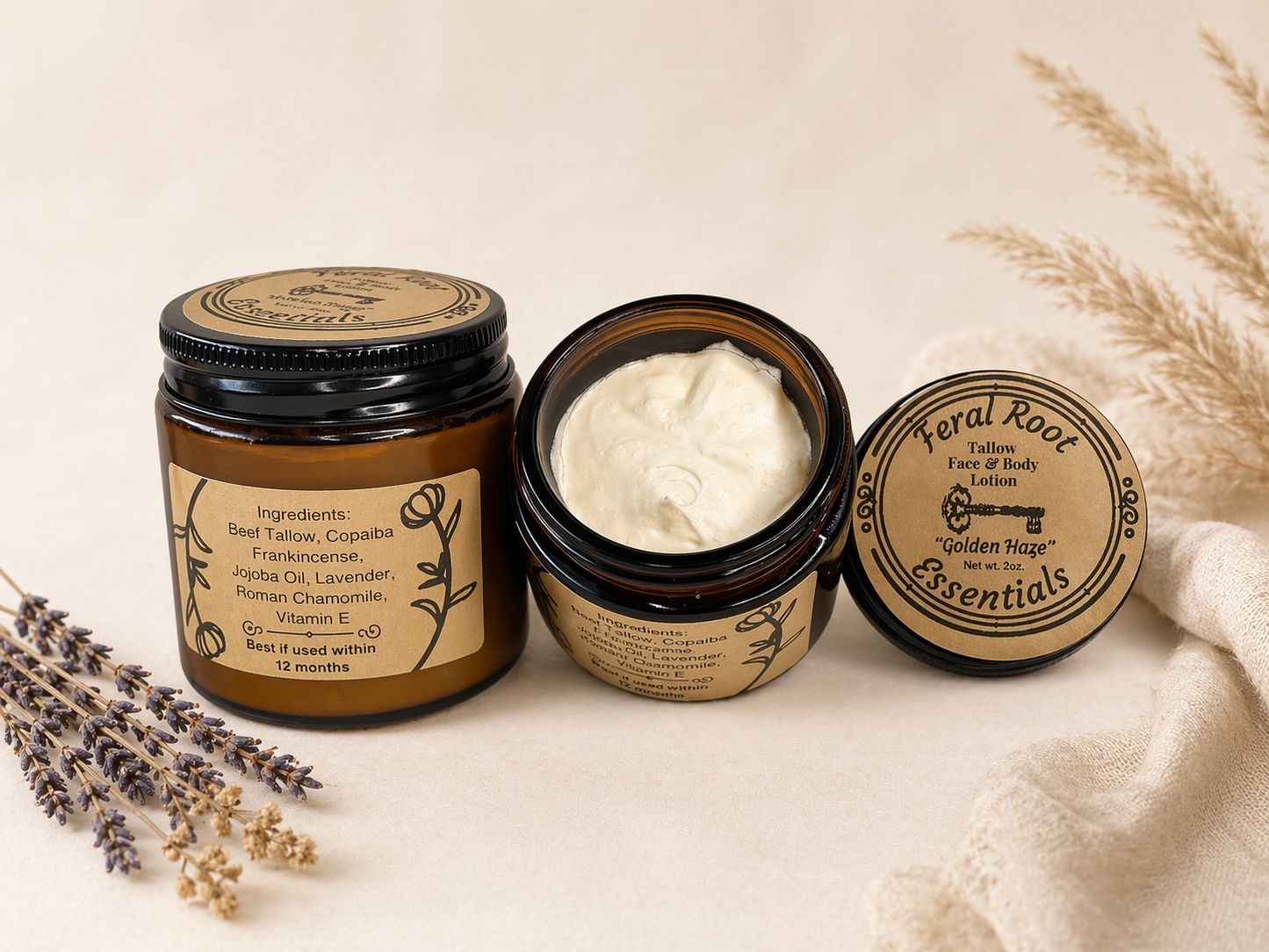 Three jars of Feral Root Essentials Golden Haze cream with labels on a beige background