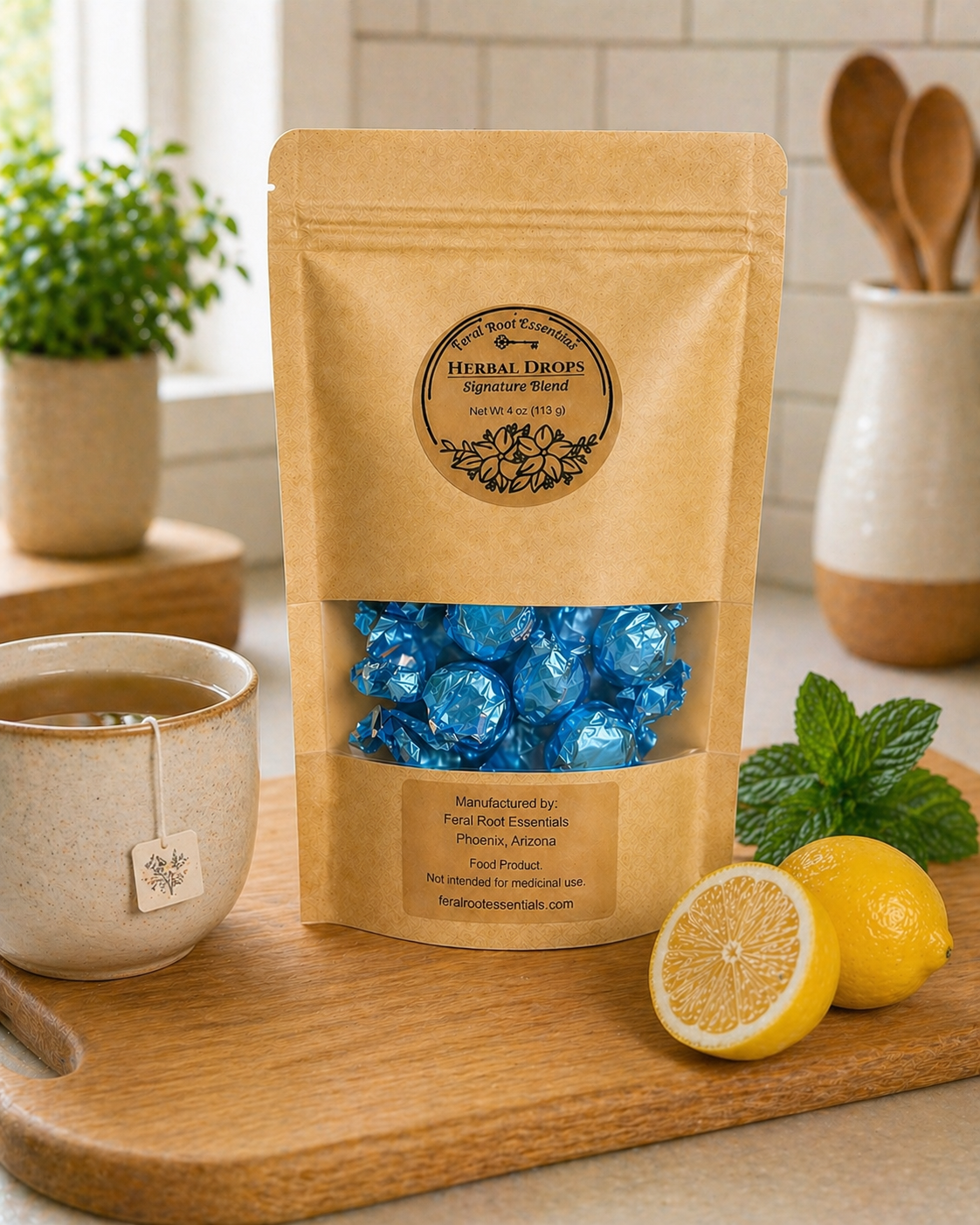 Kraft paper package of 'Herbal Drops' with blue candies on a wooden tray with a cup, lemons, and mint.