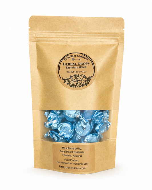 Kraft paper packaging of Herbal Drops with blue wrappers on a white background