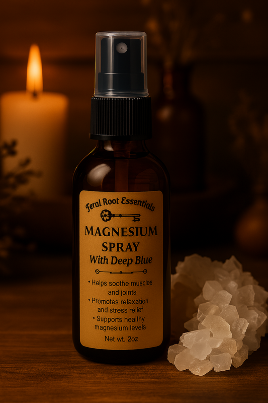 Magnesium spray with Deep Blue essential oil – cooling muscle recovery blend by Feral Root Essentials